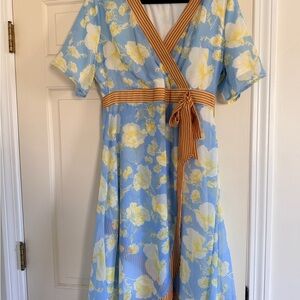 Piper & Scoot Blue & Yellow Floral Midi Wrap Dress with Striped Trim